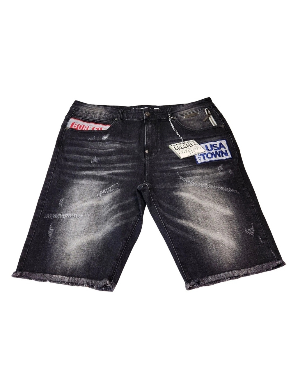 Born Fly Mens Size 36 Shorts Denim Distressed Cutout Patch Design Black Wash 04